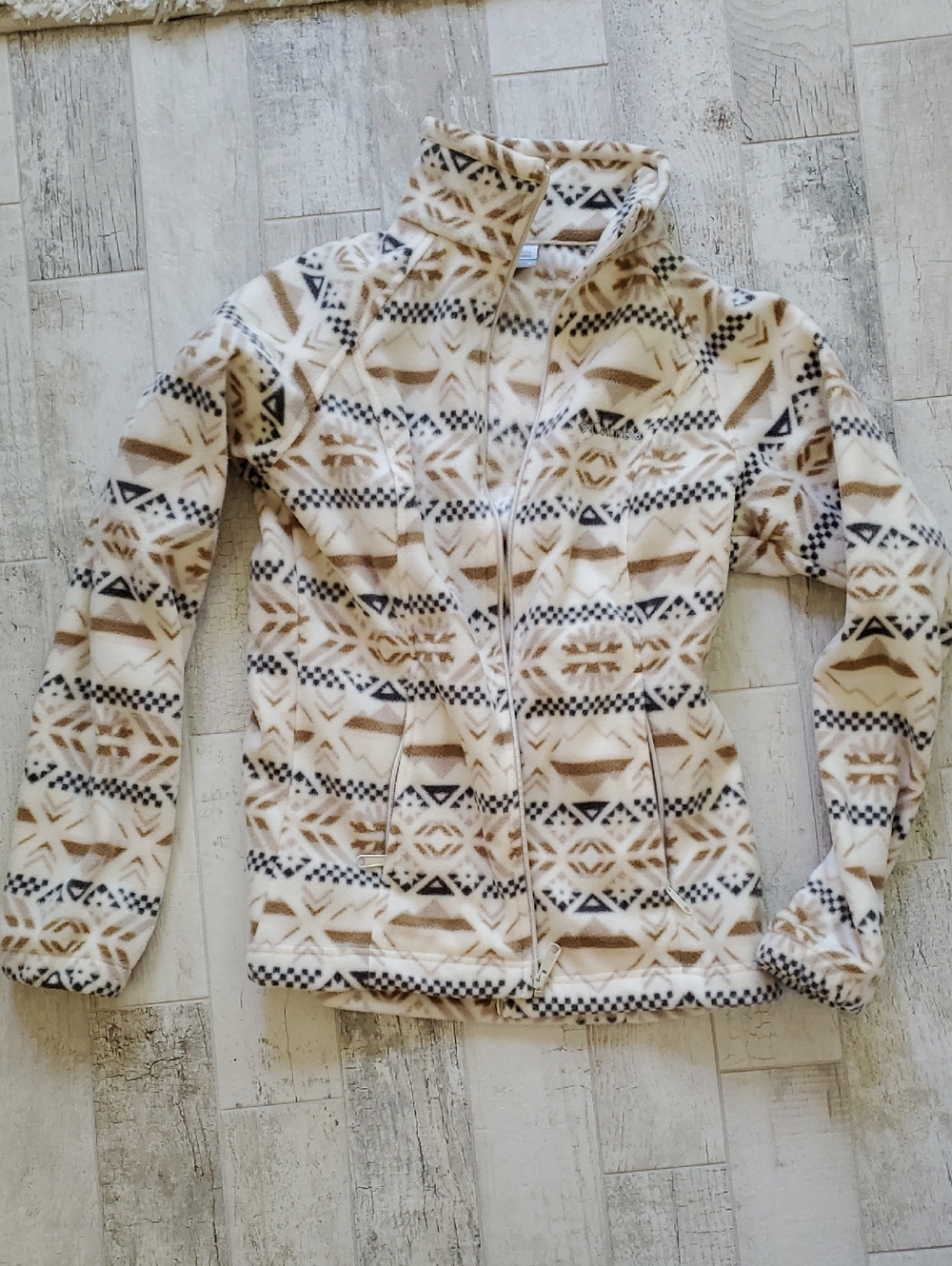Columbia Women's Medium Cream & Brown Patterned Fleece Jacket - Zip Front